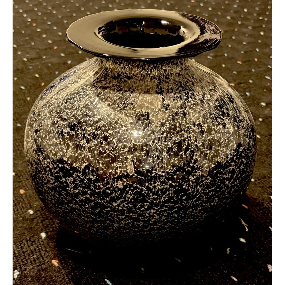 Murano Black Glass Bulbous Vase w Silver & Gold Inclusions - Italy 9"
